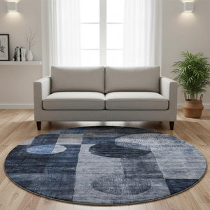 HomeRoots 8' Navy Blue Geometric Round Rug with UV Protection - Washable, Stain-Resistant, Ideal for Busy Homes 684723