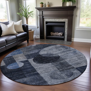 HomeRoots 8' Navy Blue Geometric Round Rug with UV Protection - Washable, Stain-Resistant, Ideal for Busy Homes 684723