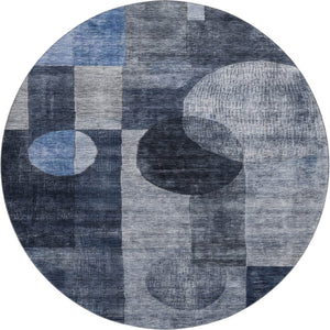 HomeRoots 8' Navy Blue Geometric Round Rug with UV Protection - Washable, Stain-Resistant, Ideal for Busy Homes 684723