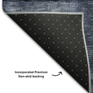 HomeRoots 8' Navy Blue Geometric Round Rug with UV Protection - Washable, Stain-Resistant, Ideal for Busy Homes 684723