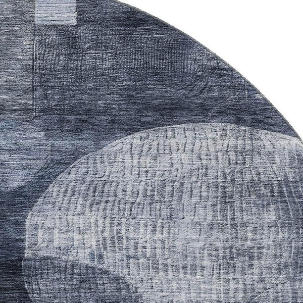 HomeRoots 8' Navy Blue Geometric Round Rug with UV Protection - Washable, Stain-Resistant, Ideal for Busy Homes 684723