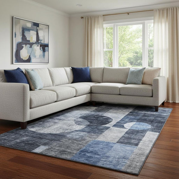HomeRoots 8' X 10' Modern Navy Blue Geometric Area Rug - Washable, UV Protected, Stain Resistant for Busy Homes 684724