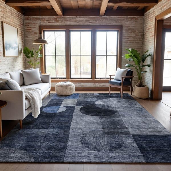 HomeRoots 8' X 10' Modern Navy Blue Geometric Area Rug - Washable, UV Protected, Stain Resistant for Busy Homes 684724