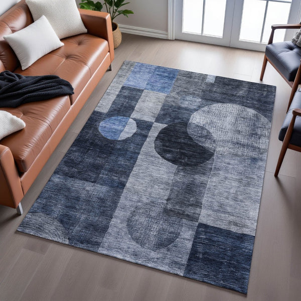 HomeRoots 8' X 10' Modern Navy Blue Geometric Area Rug - Washable, UV Protected, Stain Resistant for Busy Homes 684724