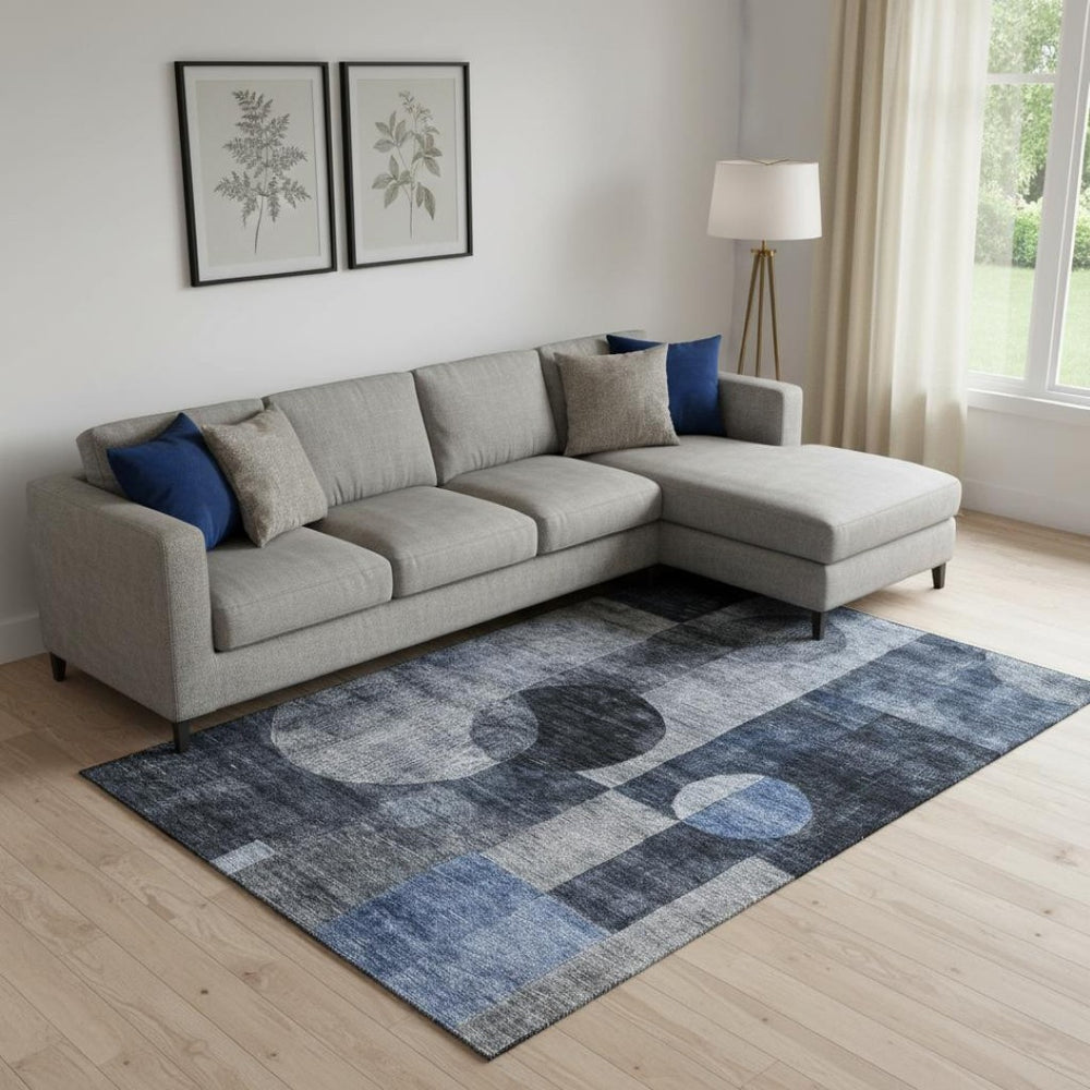 HomeRoots 9' X 12' Navy Blue Silver Charcoal Geometric Area Rug - Washable, UV-Protected, Modern Style for Home 684725