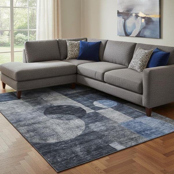 HomeRoots 10' Navy Blue, Silver & Charcoal Geometric Area Rug - Washable, UV Protected, Durable & Stylish! 684726