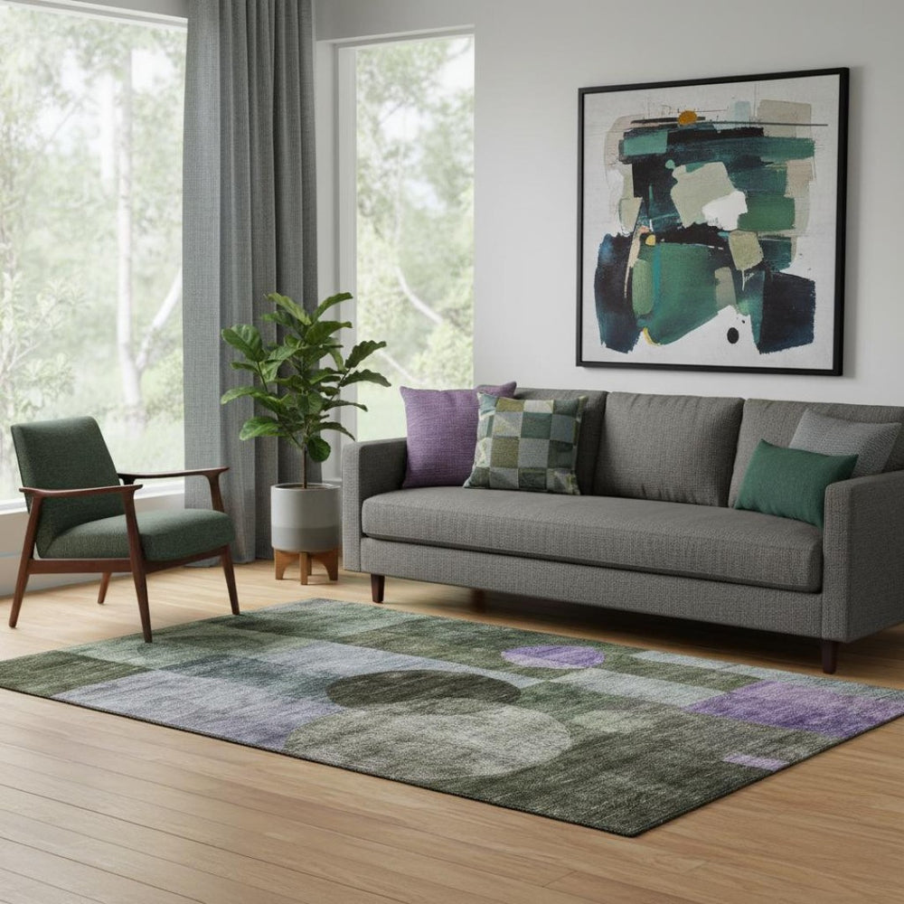 HomeRoots 5' X 8' Olive Green & Purple Geometric Area Rug – Washable, UV Protected, Stylish for Busy Homes 684728