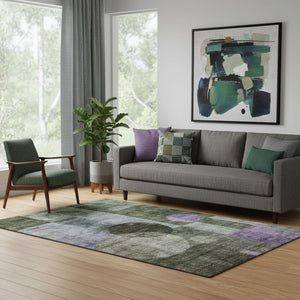 HomeRoots 5' X 8' Olive Green & Purple Geometric Area Rug – Washable, UV Protected, Stylish for Busy Homes 684728