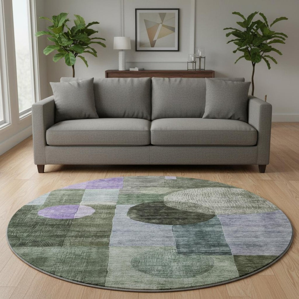 HomeRoots 8' Olive Green and Purple Geometric Washable Round Rug with UV Protection for Stylish Living Spaces 684729