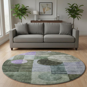 HomeRoots 8' Olive Green and Purple Geometric Washable Round Rug with UV Protection for Stylish Living Spaces 684729