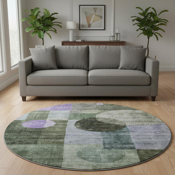 HomeRoots 8' Olive Green and Purple Geometric Washable Round Rug with UV Protection for Stylish Living Spaces 684729