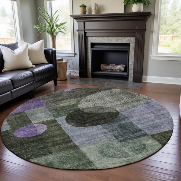 HomeRoots 8' Olive Green and Purple Geometric Washable Round Rug with UV Protection for Stylish Living Spaces 684729