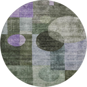 HomeRoots 8' Olive Green and Purple Geometric Washable Round Rug with UV Protection for Stylish Living Spaces 684729