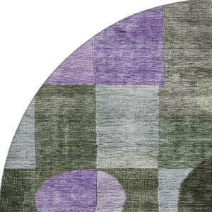 HomeRoots 8' Olive Green and Purple Geometric Washable Round Rug with UV Protection for Stylish Living Spaces 684729