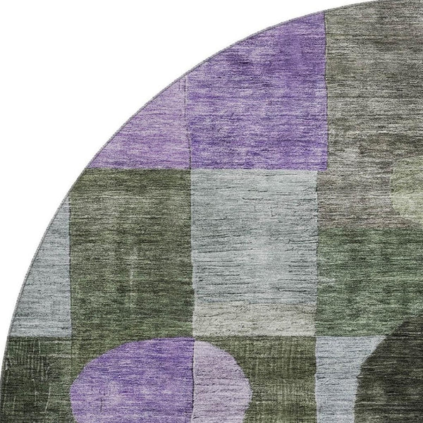 HomeRoots 8' Olive Green and Purple Geometric Washable Round Rug with UV Protection for Stylish Living Spaces 684729