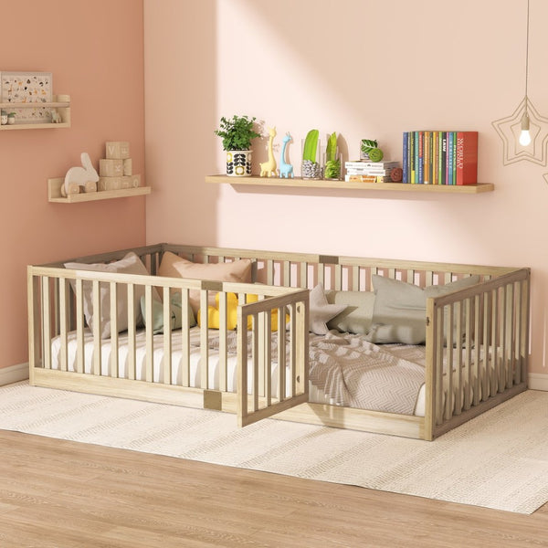 English Elm Twin Montessori Floor Bed Solid Rubber Wood with Safety Fence Rails Toddler Room W504P411198