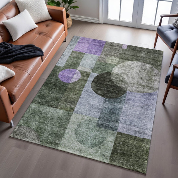 HomeRoots 9' X 12' Stylish Olive Green and Purple Geometric Area Rug - Washable, UV Protected, Stain Resistant 684731