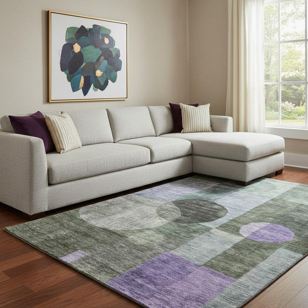 HomeRoots 10' X 14' Olive Green & Purple Geometric Washable Area Rug – Durable, UV-Resistant, Easy Care! 684732
