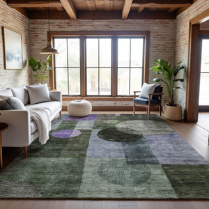 HomeRoots 10' X 14' Olive Green & Purple Geometric Washable Area Rug – Durable, UV-Resistant, Easy Care! 684732