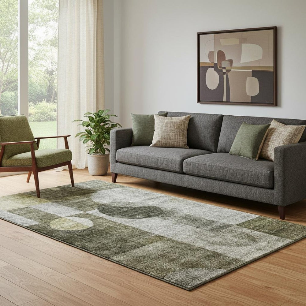 HomeRoots 5' X 8' Washable Taupe Gold & Brown Geometric Area Rug with UV Protection for Modern Spaces 684734
