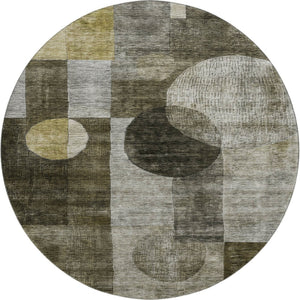 HomeRoots 8' Washable Round Rug in Taupe, Gold & Brown Geometric Design - Stain Resistant & UV Protected! 684735