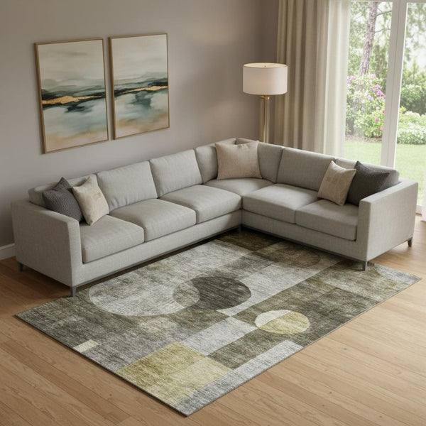 HomeRoots 9' X 12' Stylish Taupe Gold & Brown Geometric Area Rug - Washable, UV Protected, Stain Resistant! 684737