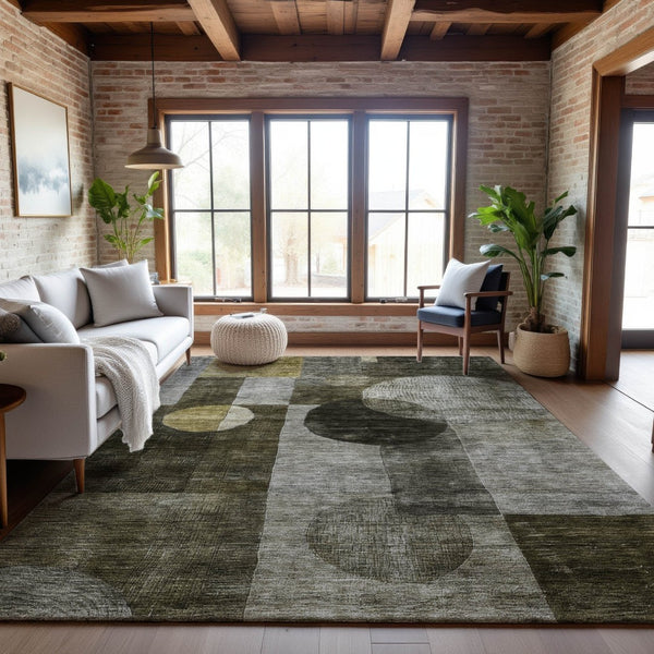HomeRoots 9' X 12' Stylish Taupe Gold & Brown Geometric Area Rug - Washable, UV Protected, Stain Resistant! 684737