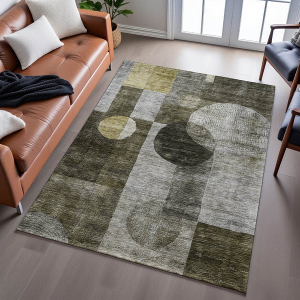 HomeRoots 9' X 12' Stylish Taupe Gold & Brown Geometric Area Rug - Washable, UV Protected, Stain Resistant! 684737