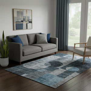 HomeRoots 5' X 8' Modern Teal Gray Silver Geometric Area Rug – Washable, UV Protected, Stain-Resistant Design! 684740