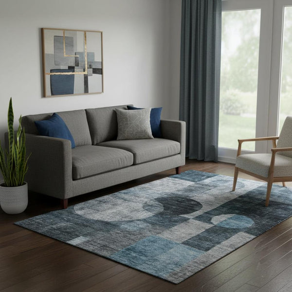 HomeRoots 5' X 8' Modern Teal Gray Silver Geometric Area Rug – Washable, UV Protected, Stain-Resistant Design! 684740