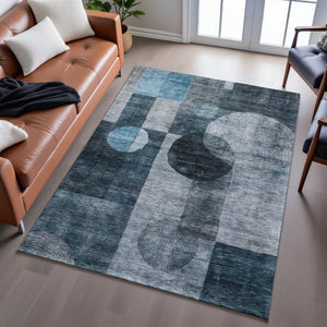 HomeRoots 5' X 8' Modern Teal Gray Silver Geometric Area Rug – Washable, UV Protected, Stain-Resistant Design! 684740