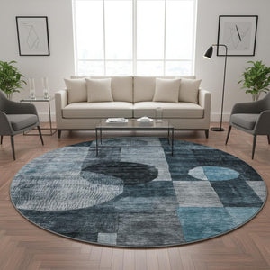 HomeRoots 8' Teal Gray and Silver Round Rug - Stylish Geometric Design, Washable, UV Protected for High-Traffic Areas 684741