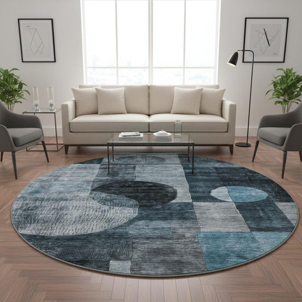 HomeRoots 8' Teal Gray and Silver Round Rug - Stylish Geometric Design, Washable, UV Protected for High-Traffic Areas 684741