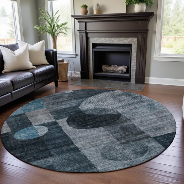 HomeRoots 8' Teal Gray and Silver Round Rug - Stylish Geometric Design, Washable, UV Protected for High-Traffic Areas 684741