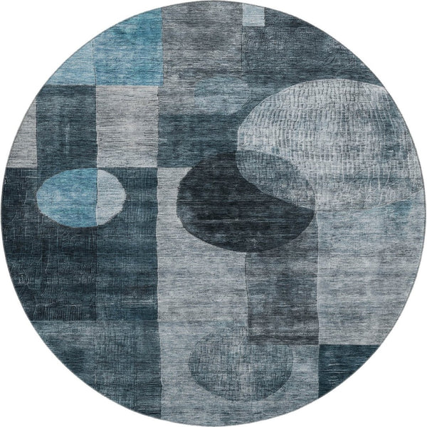 HomeRoots 8' Teal Gray and Silver Round Rug - Stylish Geometric Design, Washable, UV Protected for High-Traffic Areas 684741