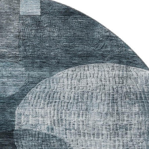 HomeRoots 8' Teal Gray and Silver Round Rug - Stylish Geometric Design, Washable, UV Protected for High-Traffic Areas 684741