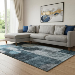 HomeRoots 8' X 10' Stylish Teal Gray & Silver Geometric Area Rug - Washable, UV-Protected, Durable Design 684742