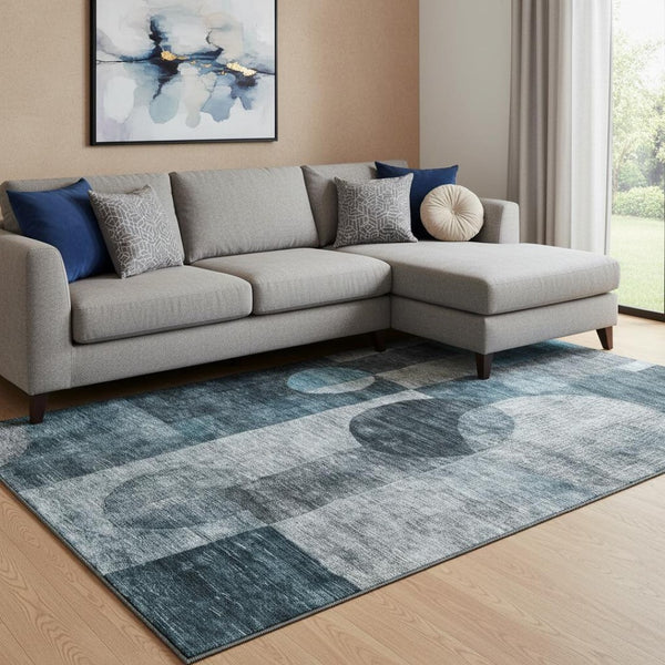HomeRoots 10' X 14' Teal Gray & Silver Geometric Area Rug - Washable, UV-Protected, Perfect for High-Traffic Areas 684744