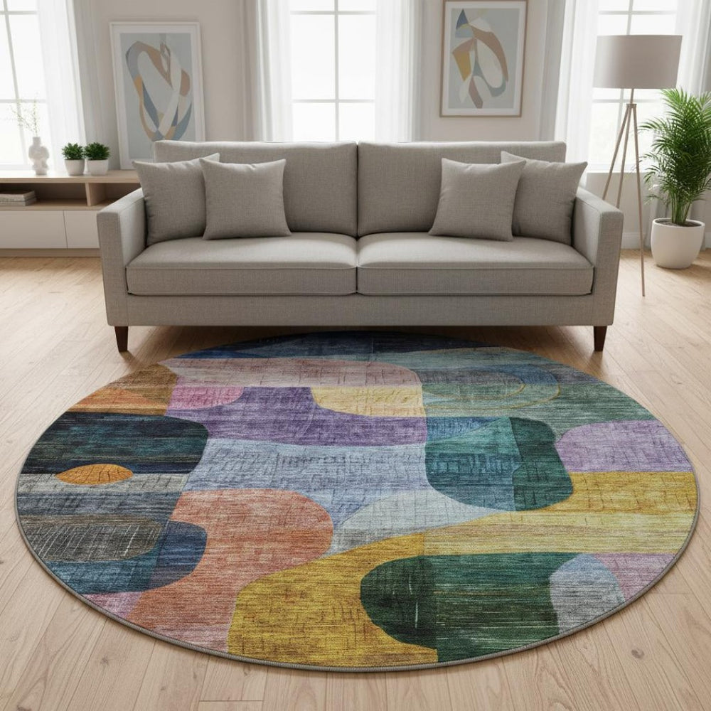HomeRoots 8' Vibrant Abstract Geometric Round Rug in Blue, Orange, Pink & Purple – Washable & UV Protected! 684747