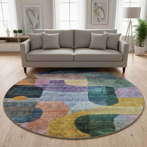 HomeRoots 8' Vibrant Abstract Geometric Round Rug in Blue, Orange, Pink & Purple – Washable & UV Protected! 684747