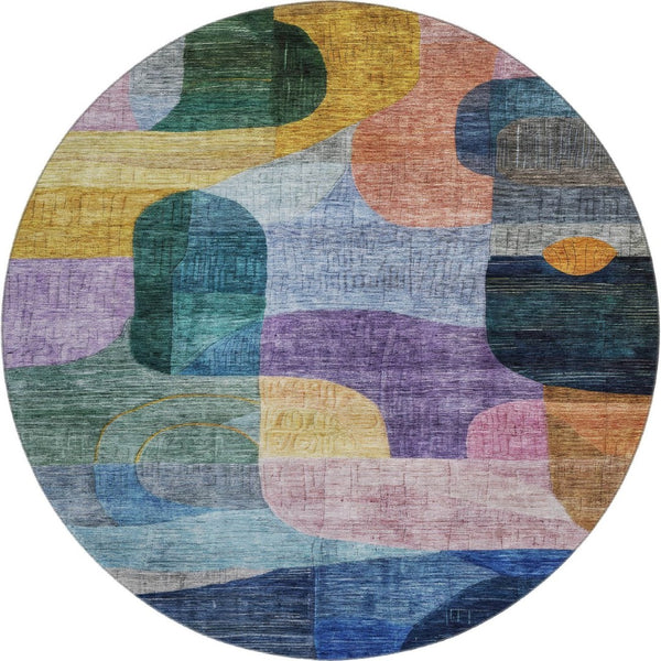 HomeRoots 8' Vibrant Abstract Geometric Round Rug in Blue, Orange, Pink & Purple – Washable & UV Protected! 684747
