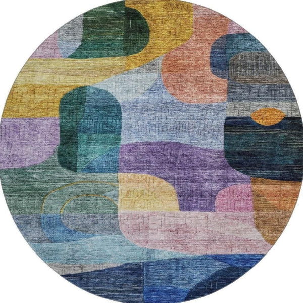 HomeRoots 8' Vibrant Abstract Geometric Round Rug in Blue, Orange, Pink & Purple – Washable & UV Protected! 684747