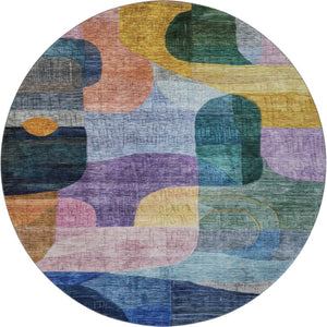 HomeRoots 8' Vibrant Abstract Geometric Round Rug in Blue, Orange, Pink & Purple – Washable & UV Protected! 684747
