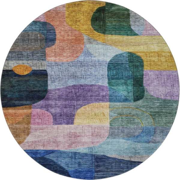 HomeRoots 8' Vibrant Abstract Geometric Round Rug in Blue, Orange, Pink & Purple – Washable & UV Protected! 684747