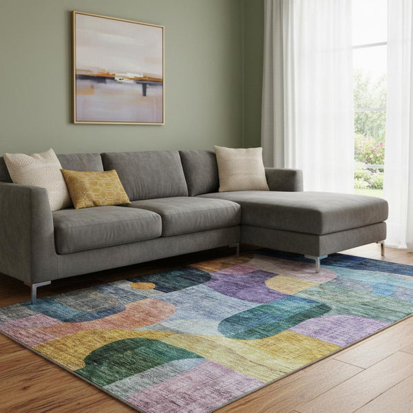 HomeRoots 8' X 10' Vibrant Abstract Geometric Area Rug in Blue, Orange, Pink & Purple – Durable & Washable! 684748