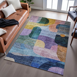 HomeRoots 10' Abstract Geometric Area Rug in Vibrant Blue, Orange, Pink & Purple - Washable & UV Protected! 684750