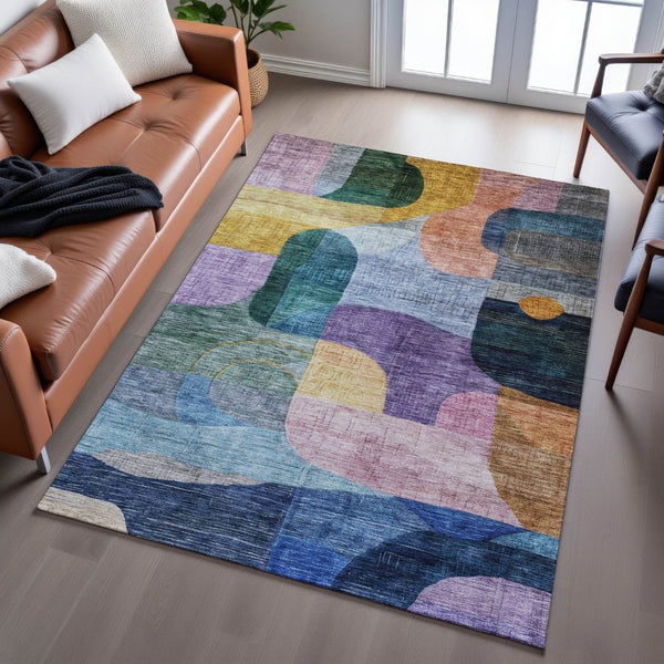 HomeRoots 10' Abstract Geometric Area Rug in Vibrant Blue, Orange, Pink & Purple - Washable & UV Protected! 684750