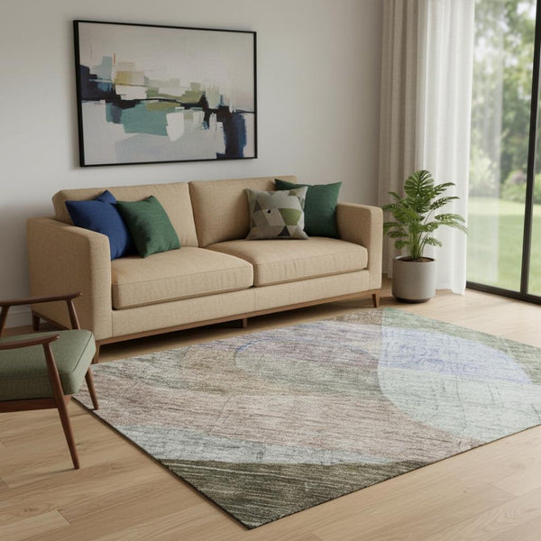 HomeRoots 5' X 8' Washable Abstract Geometric Area Rug in Brown Blue Green - UV Protected & Easy Care Design 684752