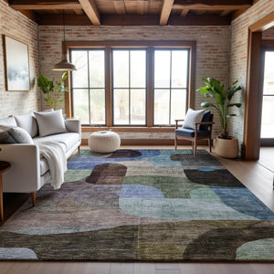 HomeRoots 5' X 8' Washable Abstract Geometric Area Rug in Brown Blue Green - UV Protected & Easy Care Design 684752