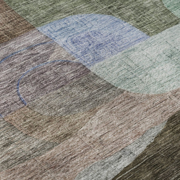 HomeRoots 5' X 8' Washable Abstract Geometric Area Rug in Brown Blue Green - UV Protected & Easy Care Design 684752